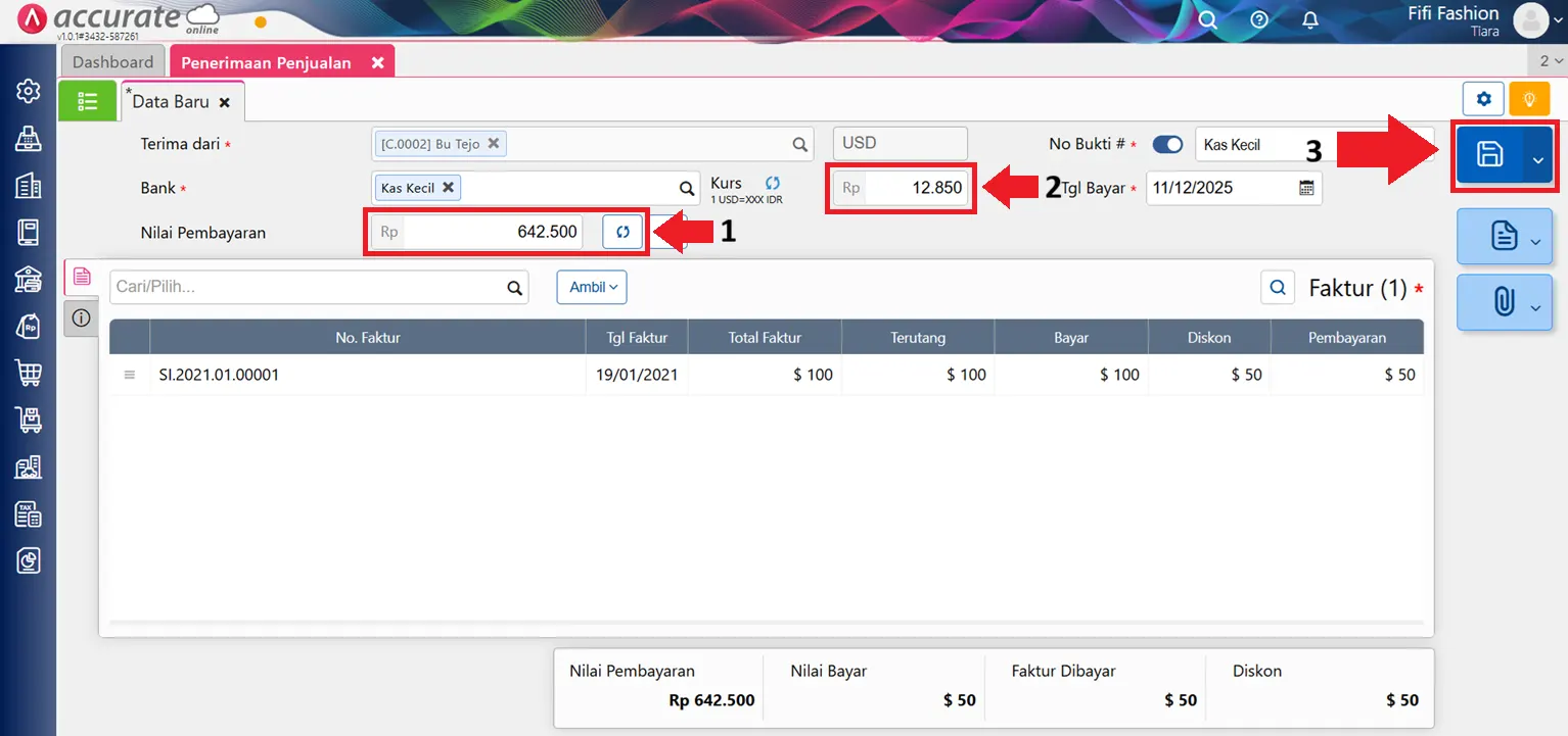 Mencatat pelunasan faktur mata uang asing dengan mata uang lain